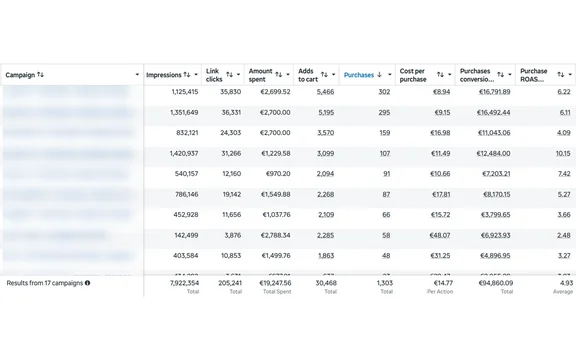 Meta Ads · E-commerce — screenshot risultati account: 17 campagne Advantage+ Shopping, 1.303 acquisti, ROAS 4,93. Nomi campagna e dati cliente oscurati.